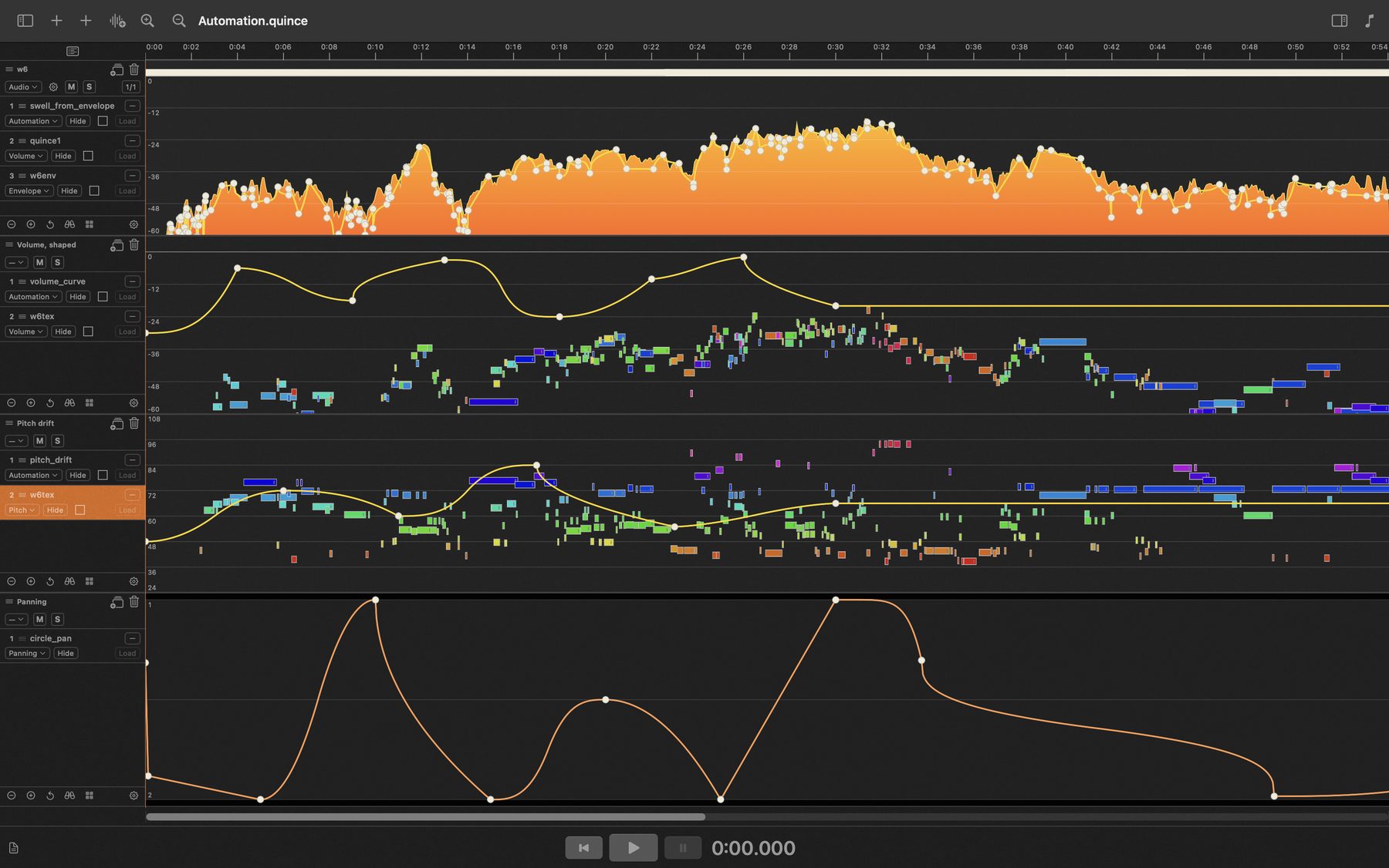 Strips and layers: automation curves for volume, pitch and panning over an audio file's envelope and a sequence of events.
