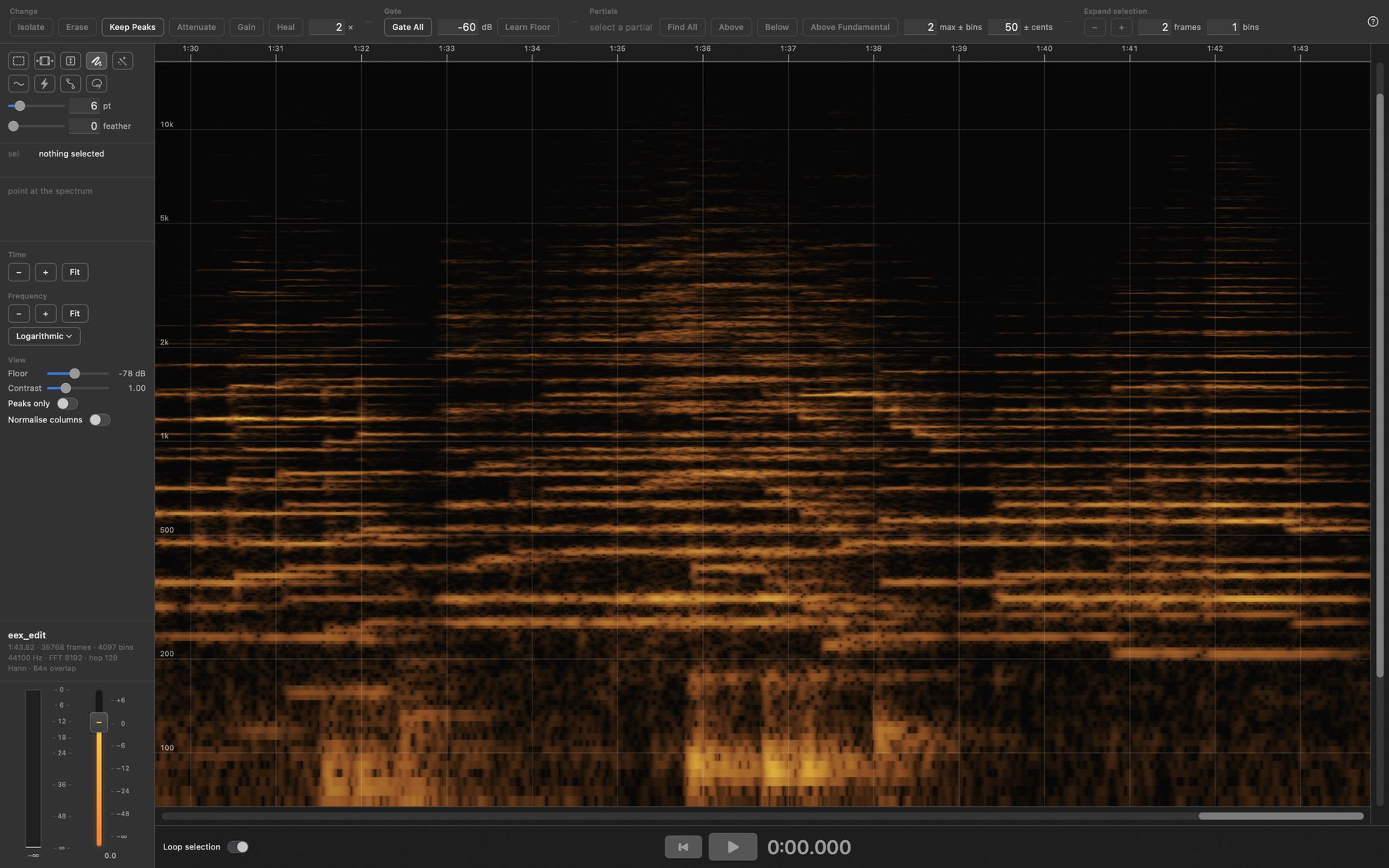 The FFT editor: the spectrum of a recording, with tools to isolate, erase or keep its partials.