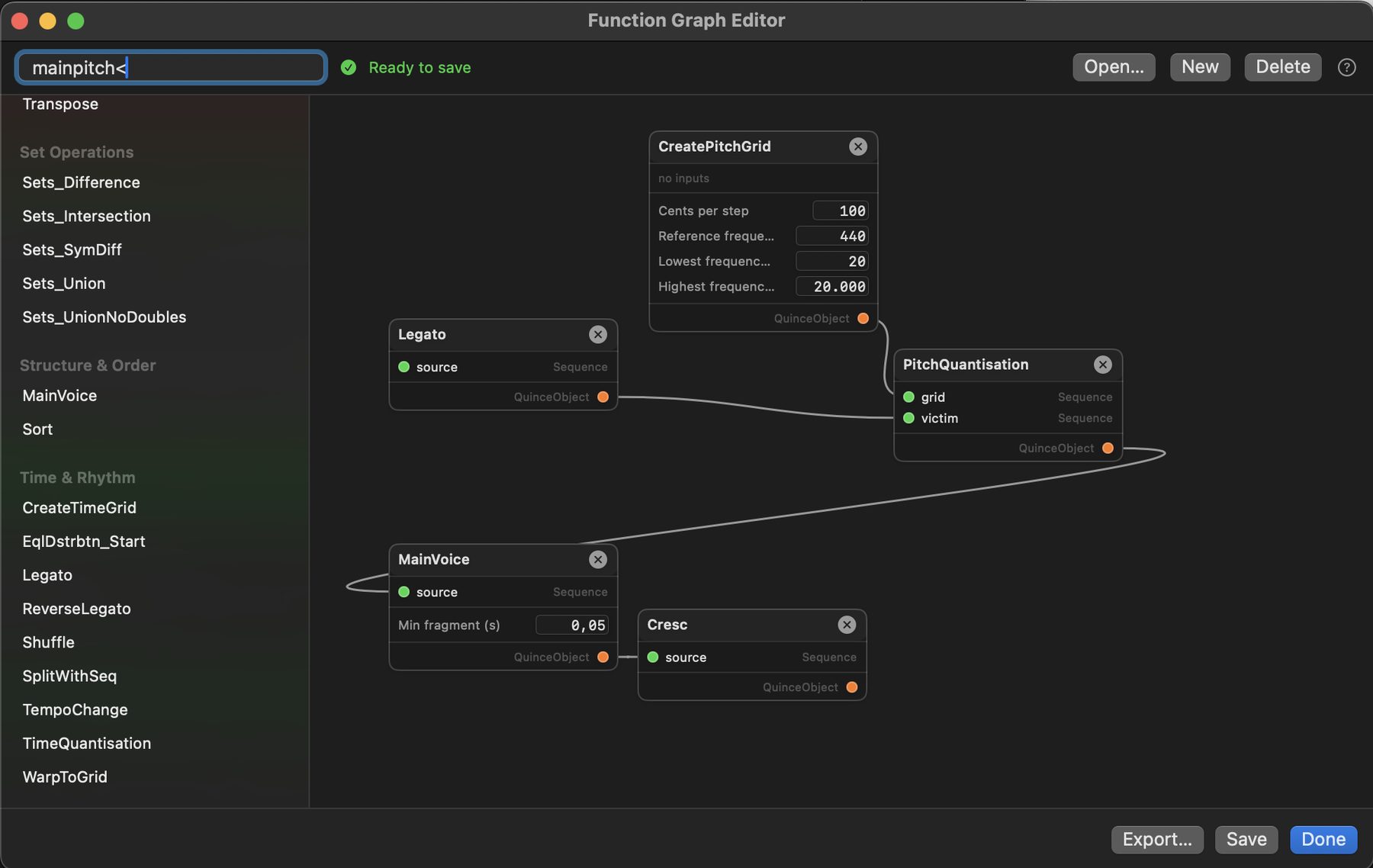 The Function Graph Editor: Legato and a pitch grid feed PitchQuantisation, whose result runs through MainVoice and Cresc, saved as one graph.