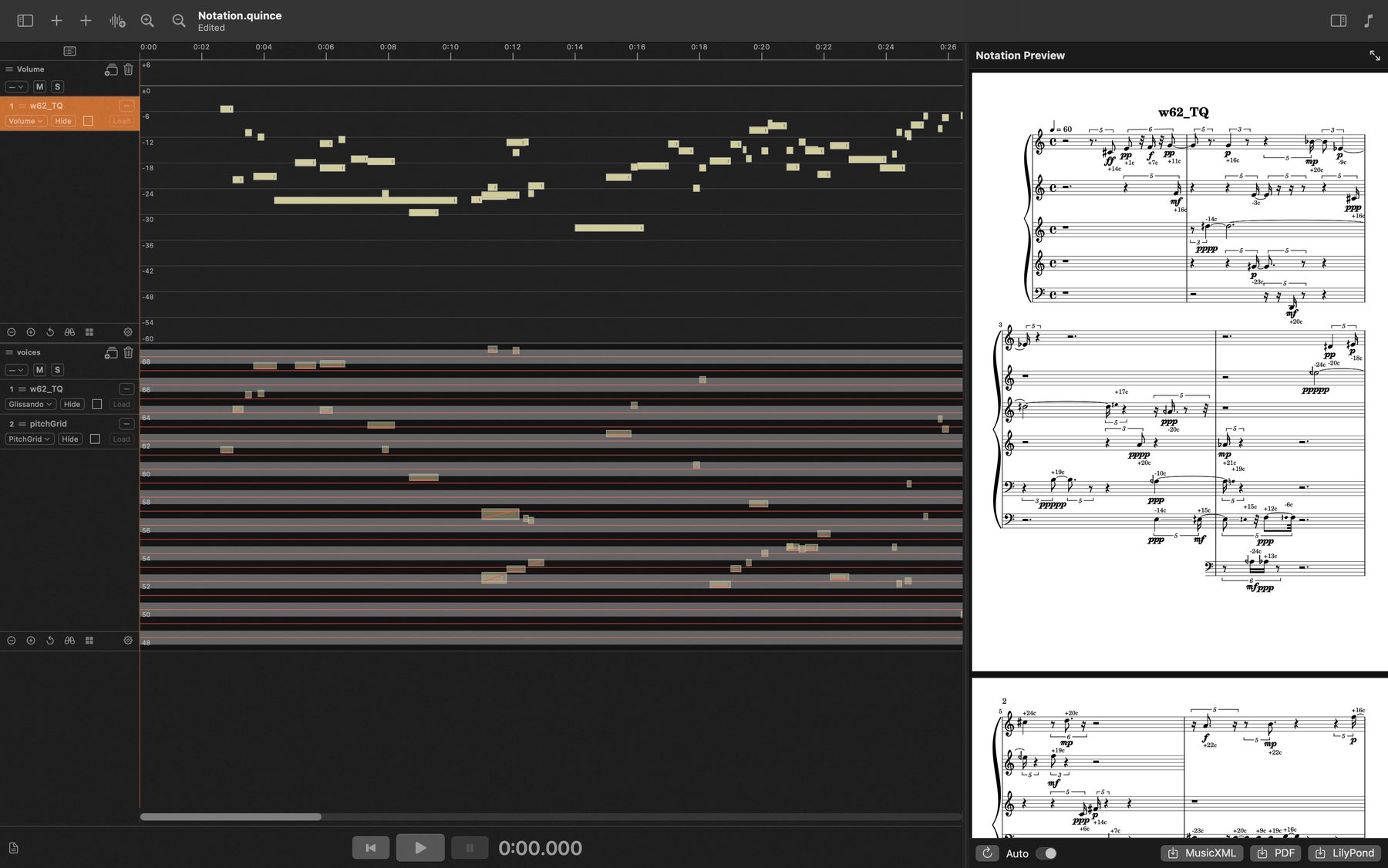 Events quantised to a pitch grid, engraved by LilyPond in the Notation Preview, cent deviations included.